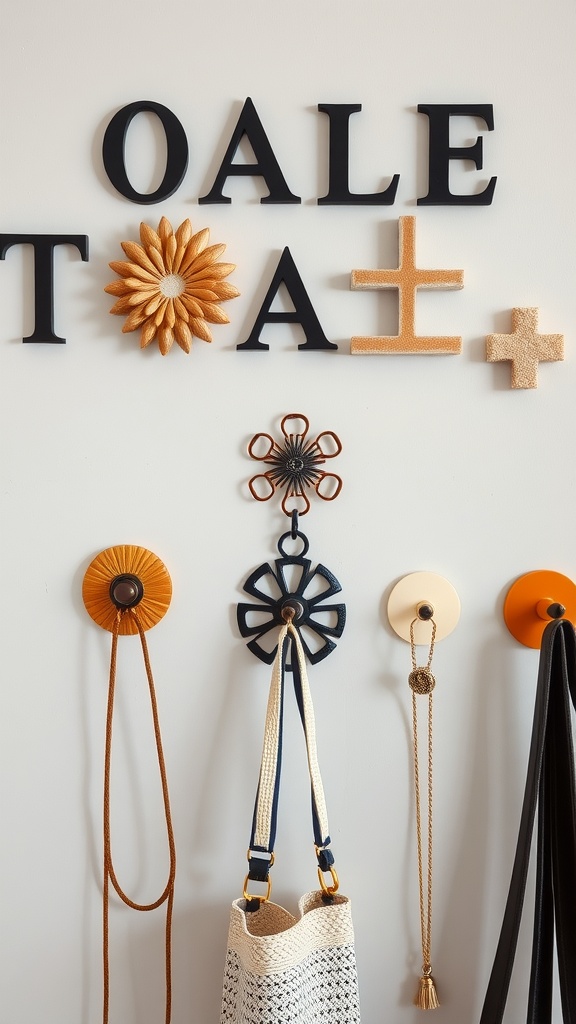 A decorative arrangement of wall hooks featuring various colors and designs, showcasing how to combine functionality with style.