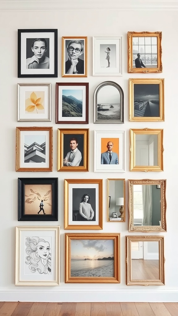 A gallery wall featuring various framed pictures and artworks.