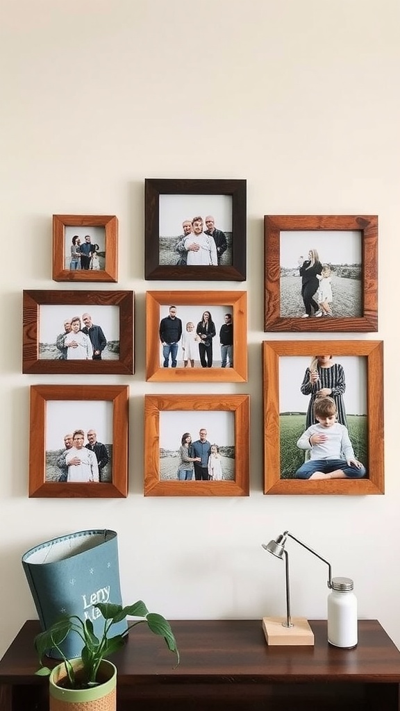 A collection of wooden photo frames hung on a wall, displaying family photos.