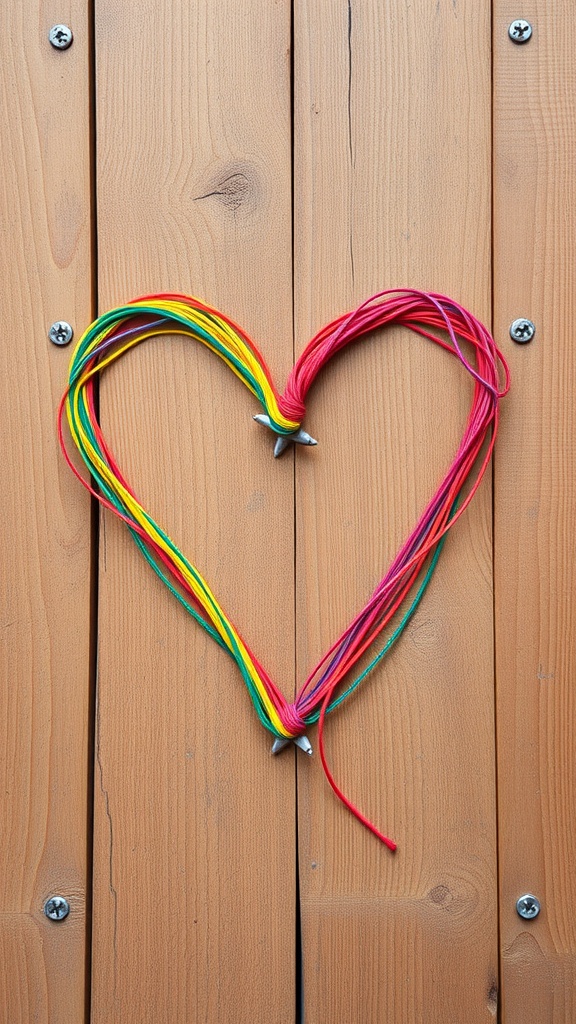 Colorful string art in the shape of a heart on a wooden background