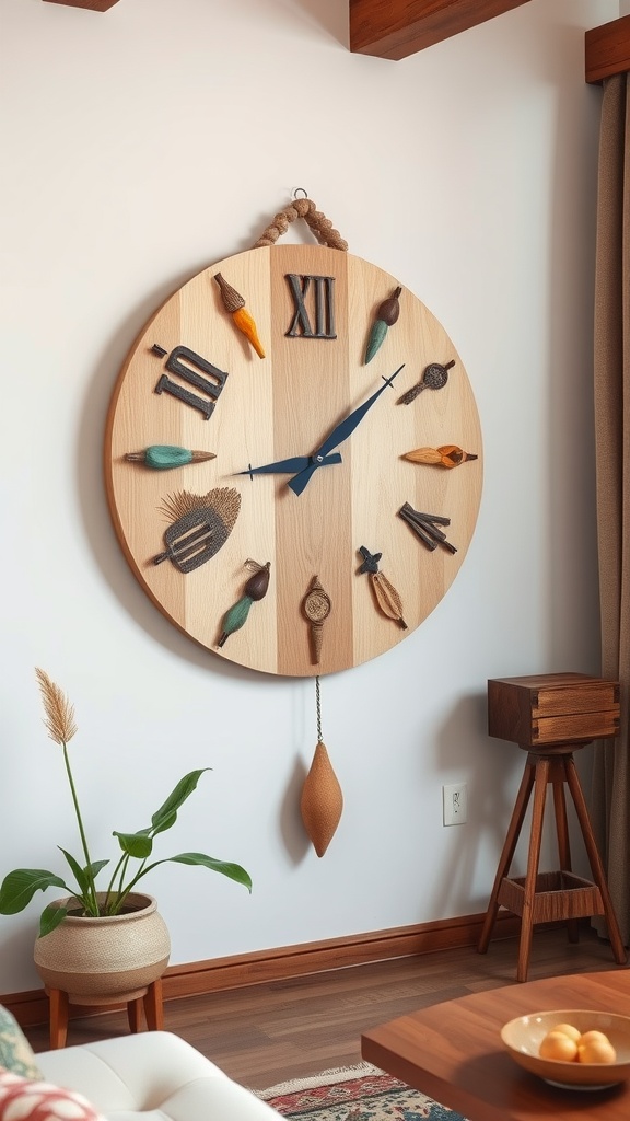 A large wooden wall clock with natural elements as numbers, hanging on a wall next to a potted plant and a wooden table.