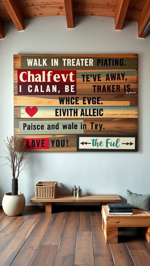 Wood pallet art with colorful text displayed on a wall.