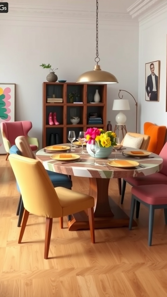 A colorful and eclectic dining area featuring a round table and various styled chairs, with a wooden shelf and decorative items in the background.