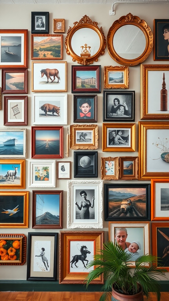 An eclectic gallery wall featuring a variety of frames with artwork, photos, and mirrors.