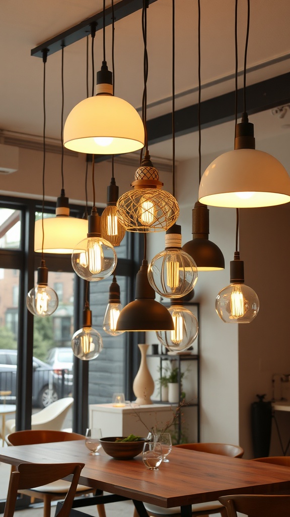 A collection of eclectic lighting fixtures hanging over a dining table, featuring various shapes and materials.