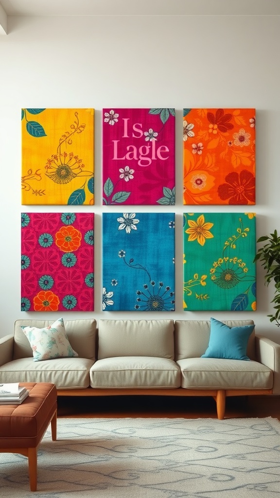 Colorful fabric-covered canvas boards displayed on a wall