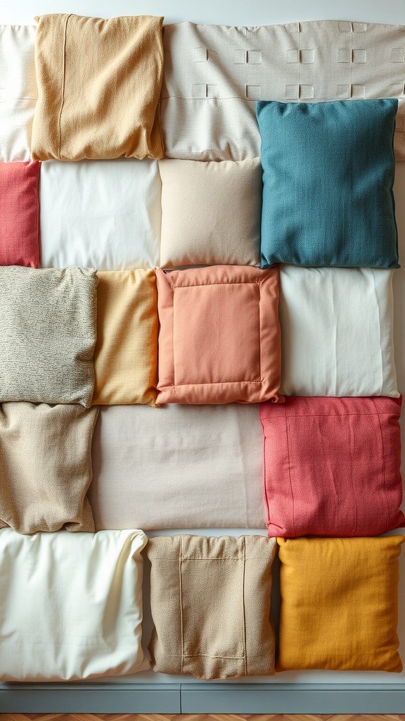 A colorful arrangement of fabric panels and pillows on a wall.