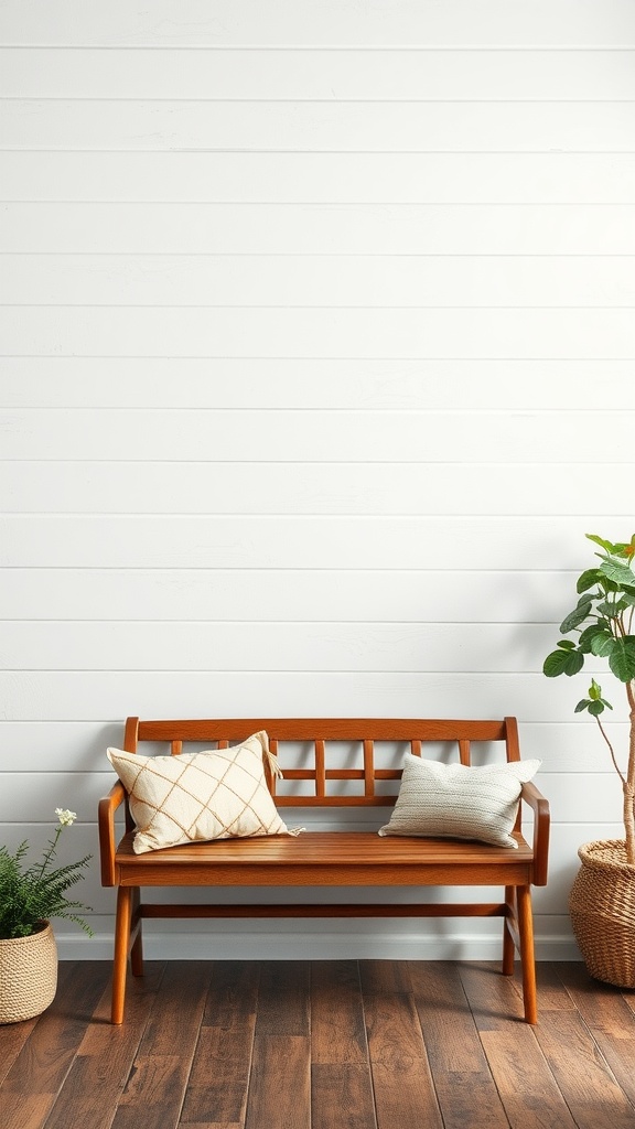 A cozy interior featuring a faux shiplap accent wall and a wooden bench with pillows.