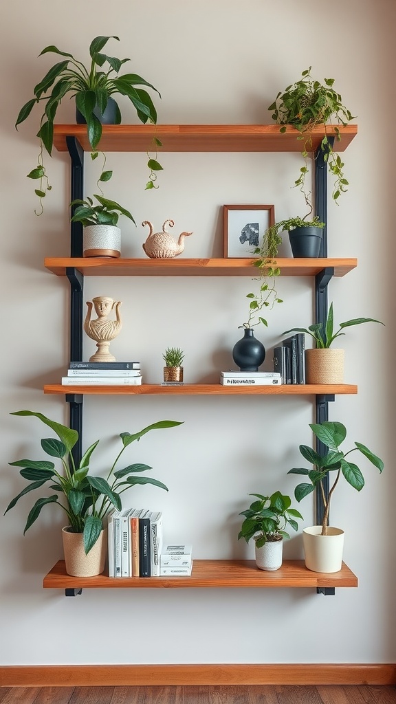 Floating wooden shelves with decorative plants, books, and a framed picture