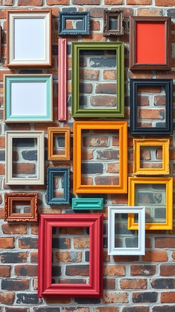 A colorful collection of picture frames arranged on a brick wall.