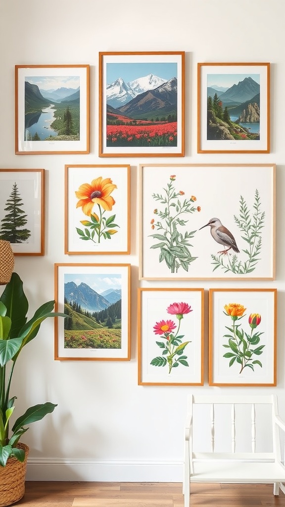 Gallery wall featuring framed nature prints with landscapes and flowers