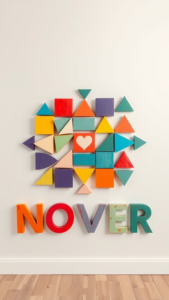 Colorful geometric wall art featuring various shapes and the word NOVER