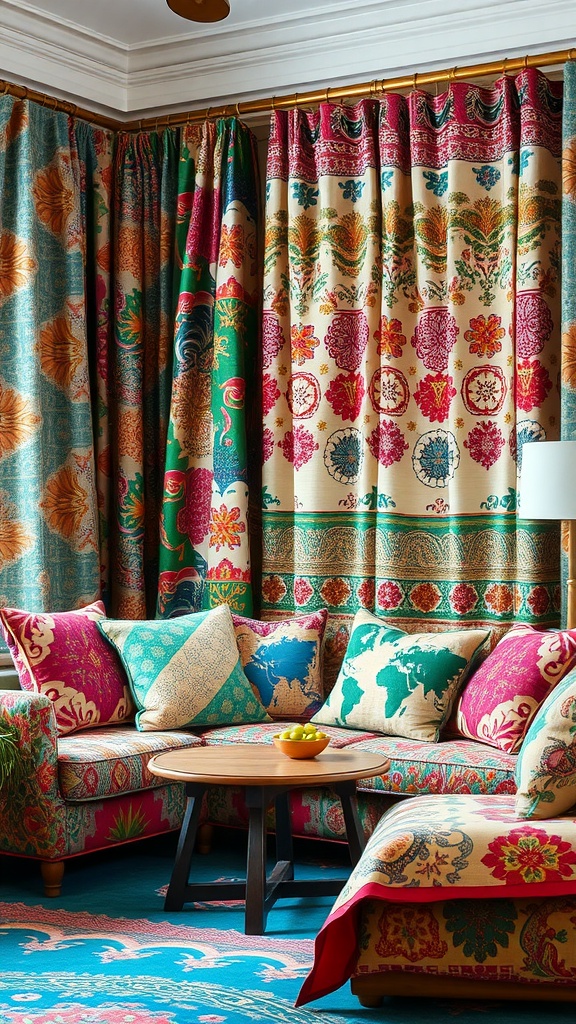 A colorful living room featuring vibrant textile patterns on curtains and cushions, showcasing global decor trends.