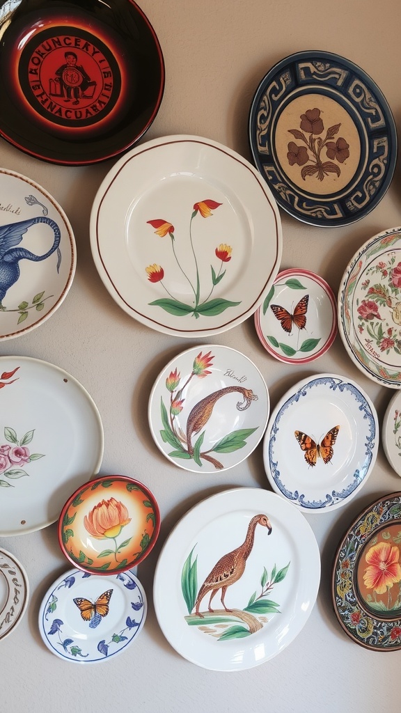 A collection of hand-painted ceramic plates displayed on a wall, showcasing various colorful designs including flowers, butterflies, and birds.