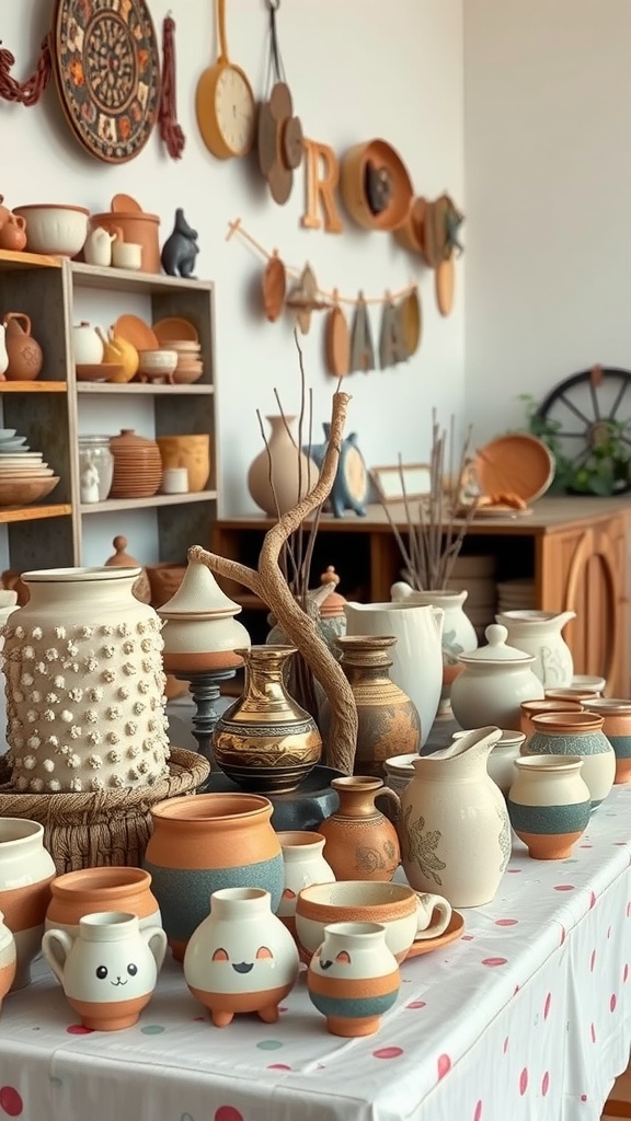 A collection of various handcrafted pottery and ceramic items displayed on a table, showcasing unique designs and earthy colors.