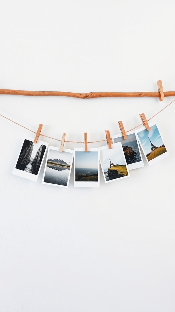 A hanging photo display featuring a stick with photos attached using clothespins.