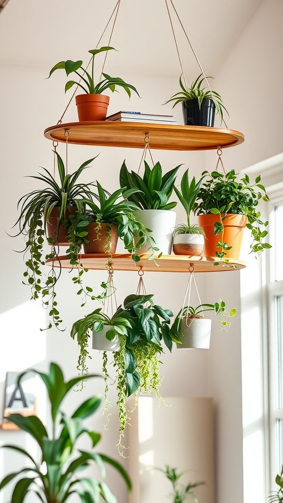 A hanging plant shelf with various potted plants, showcasing a stylish indoor decor idea.