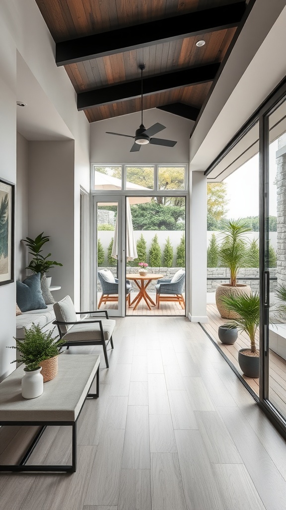 A bright indoor space with large glass doors leading to an outdoor dining area, featuring wooden beams and comfortable seating.