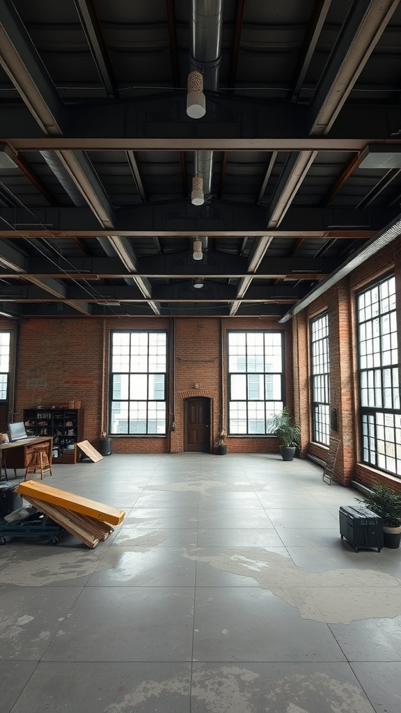 A spacious industrial-style room with large windows, exposed brick walls, and high ceilings, featuring scattered wooden planks and plants.