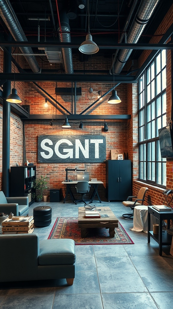 A stylish industrial design room featuring exposed brick walls, metal beams, and modern furniture.