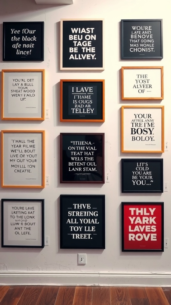 A wall displaying various framed inspirational quotes in different styles and colors.