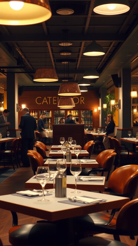 A restaurant interior with various lighting fixtures including pendant lights and wall sconces, creating a warm atmosphere.