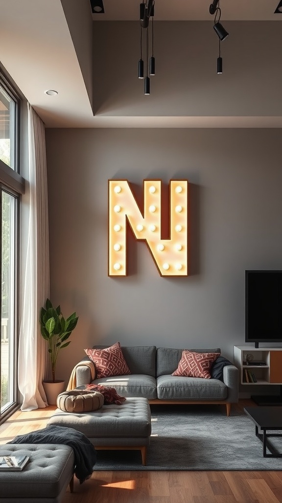 A lighted alphabet sign shaped like the letter 'N' on a wall in a cozy living room setting.