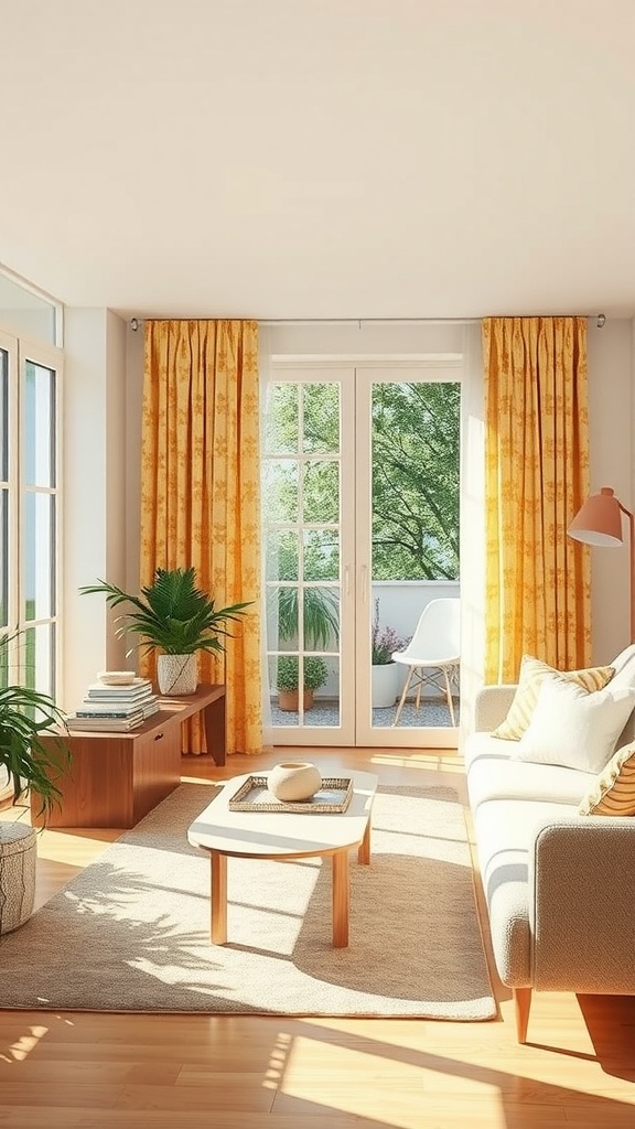 A cozy living room with sunny yellow curtains, wooden furniture, and green plants.