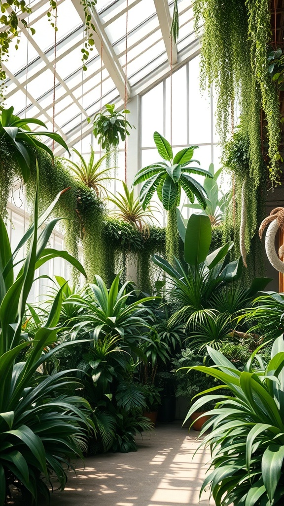 A vibrant indoor jungle filled with various plants and hanging greenery under bright sunlight.