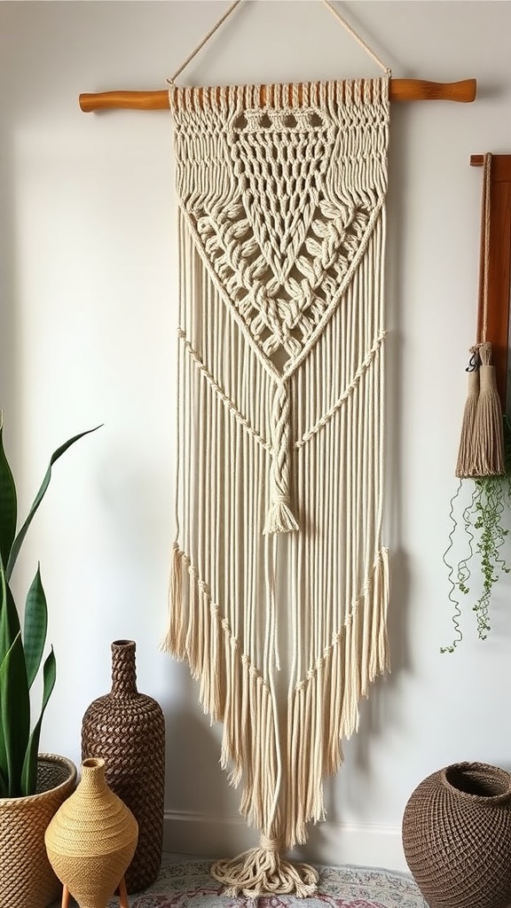 Macrame wall hanging made of natural fibers, featuring intricate knot designs and a wooden dowel.