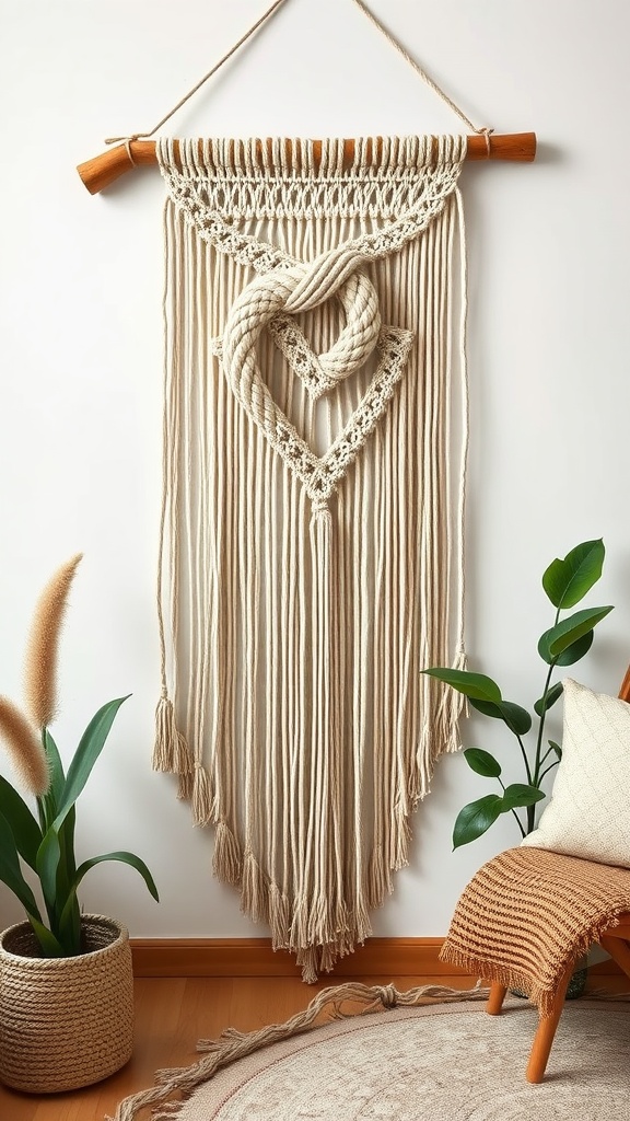 A macrame wall hanging with a heart design, displayed against a white wall, accompanied by potted plants and a cozy chair.