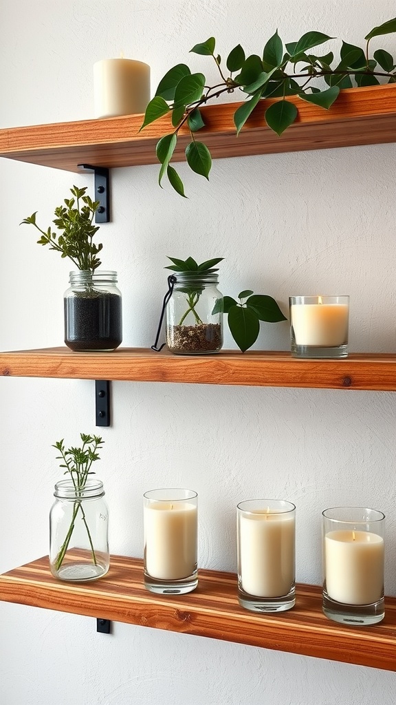 A display of mason jar shelves with plants and candles on wooden shelves.