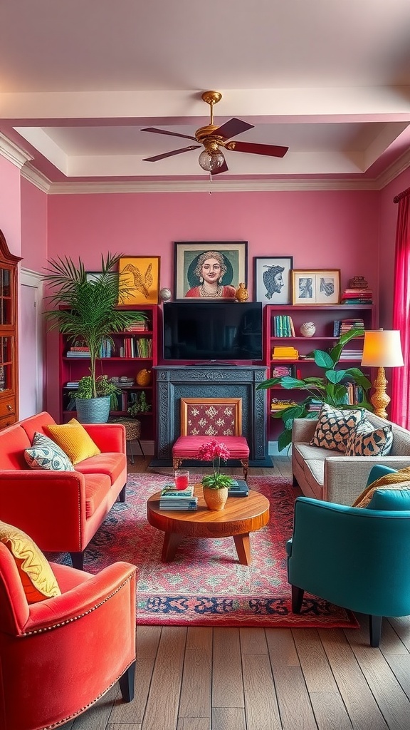 A colorful living room with a pink wall, vibrant furniture, and decorative art.