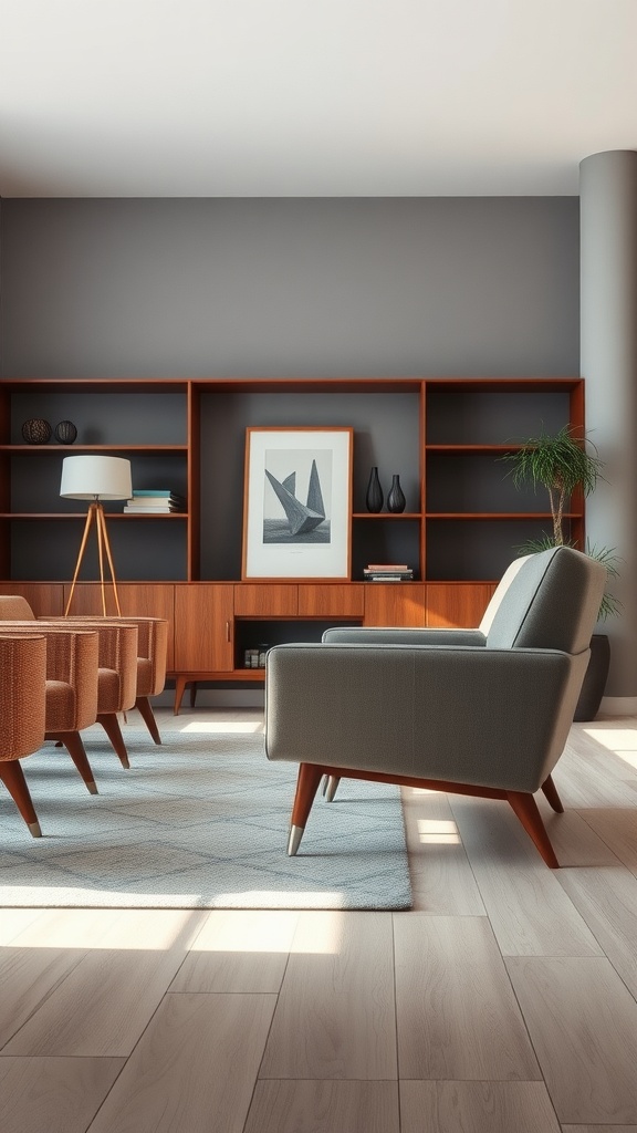 A mid-century modern living room with gray walls, wooden furniture, and stylish chairs.