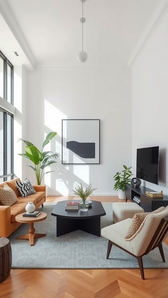 A stylish living room combining minimalist and maximalist decor with an orange sofa, geometric coffee table, and plants.