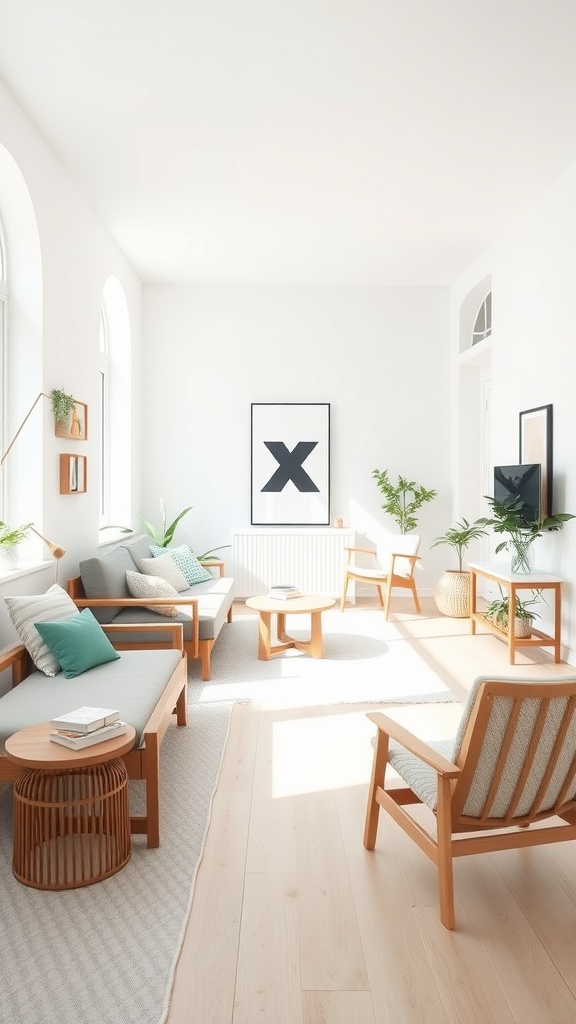 A bright and airy living room featuring minimalist Scandinavian design elements, such as wooden furniture, plants, and neutral colors.