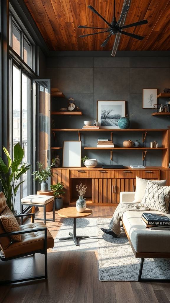 A modern living room featuring a mix of wood, metal, and textiles in its decor.