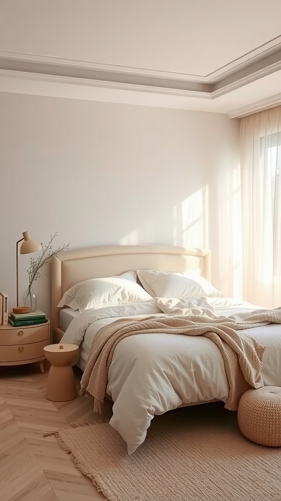 A serene bedroom with soft neutral colors, a cozy bed, and warm wood accents.