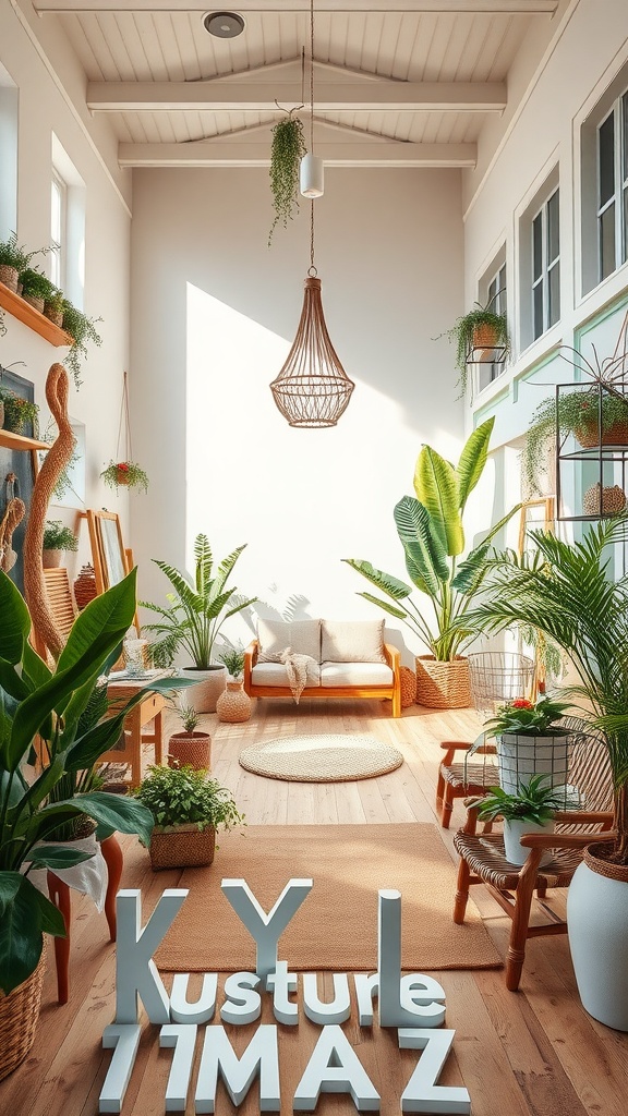 A bright room filled with various indoor plants, a cozy sofa, and natural decor elements.