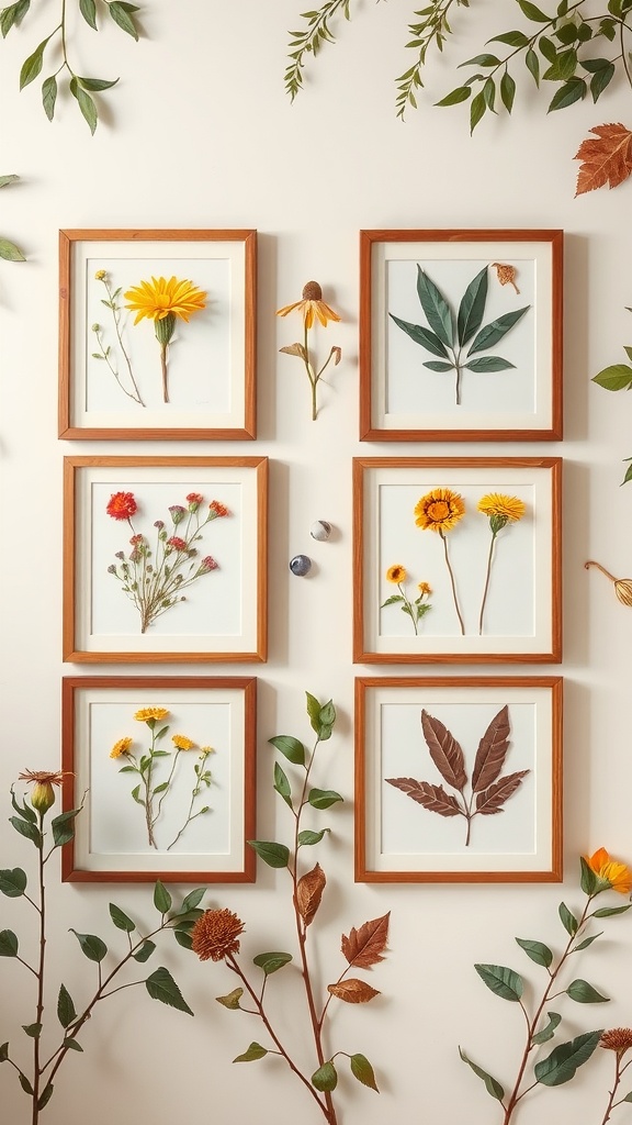 Framed dried flowers and leaves arranged in a grid pattern on a wall