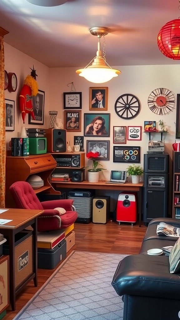 A cozy room filled with vintage decor, featuring old radios, televisions, and framed photos.