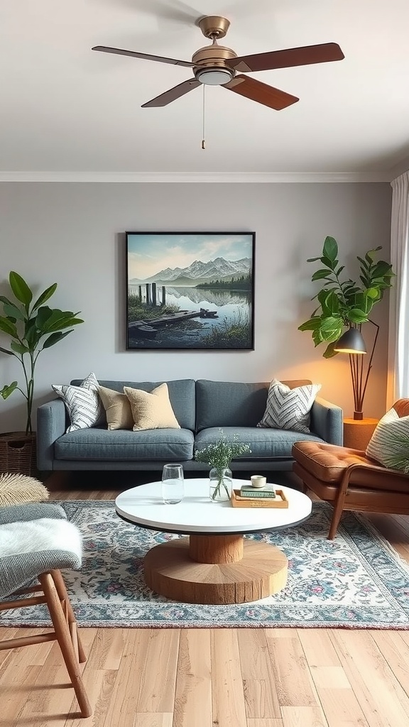 A cozy living room featuring outdoor-inspired decor with plants, a mountain painting, and natural furniture.