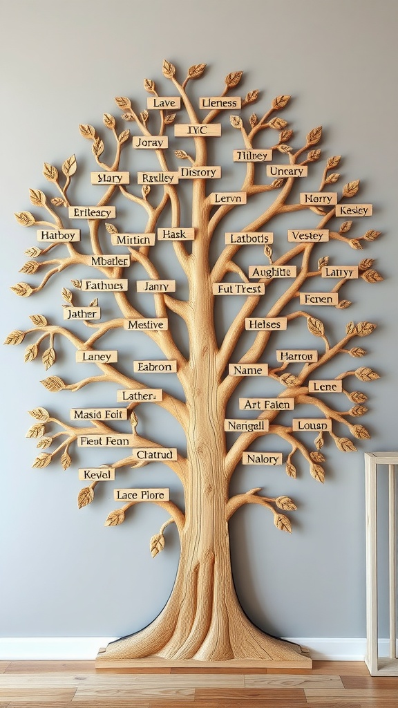 A wooden family tree wall decoration featuring multiple names on branches and leaves.