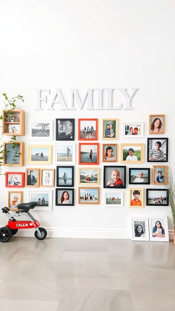 A personalized family gallery display featuring photos in different colored frames, with the word 'FAMILY' above and a children's toy nearby.