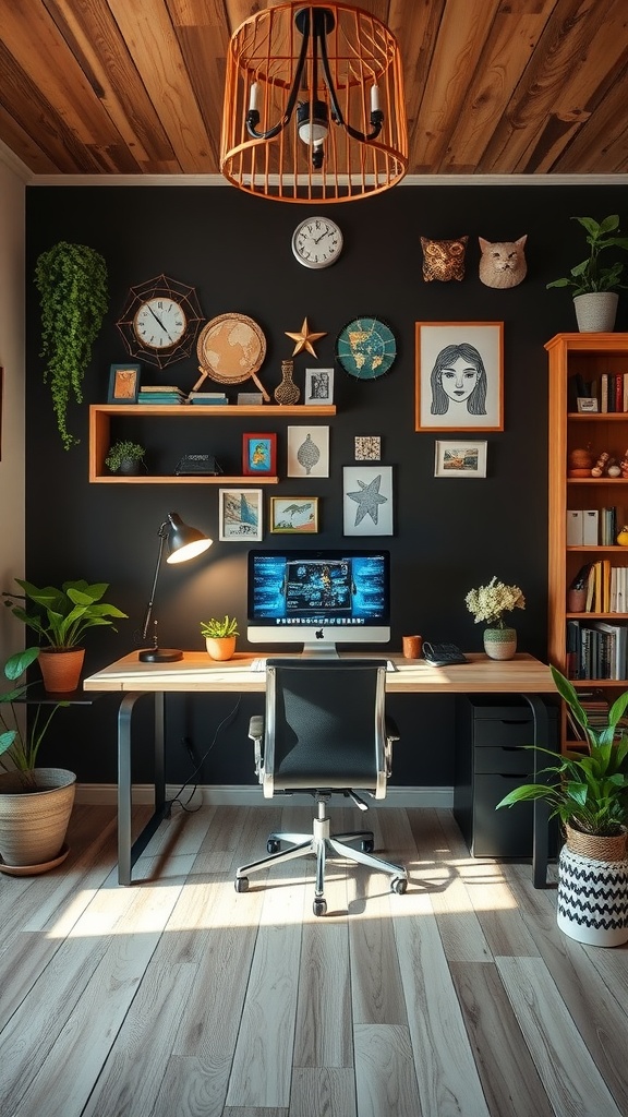 A personalized home office featuring a dark wall, wooden ceiling, and various decorative elements including clocks and plants.