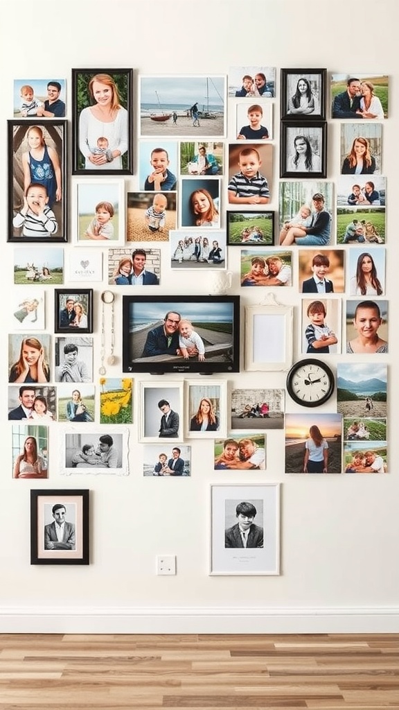 A wall decorated with a photo collage featuring various family and personal photos in different frames.