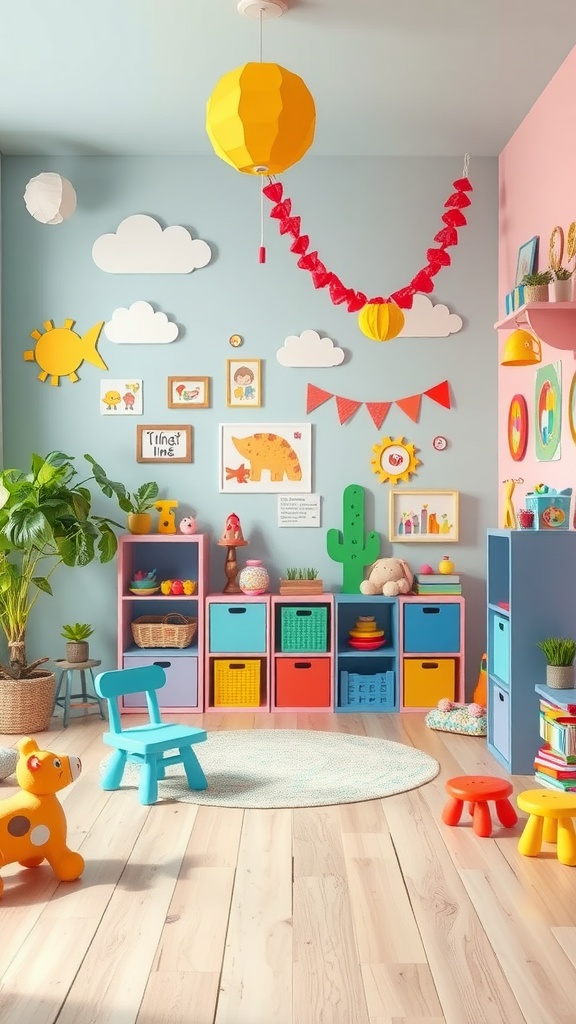 A colorful and playful kids' room featuring bright wall decorations, fun furniture, and organized storage.