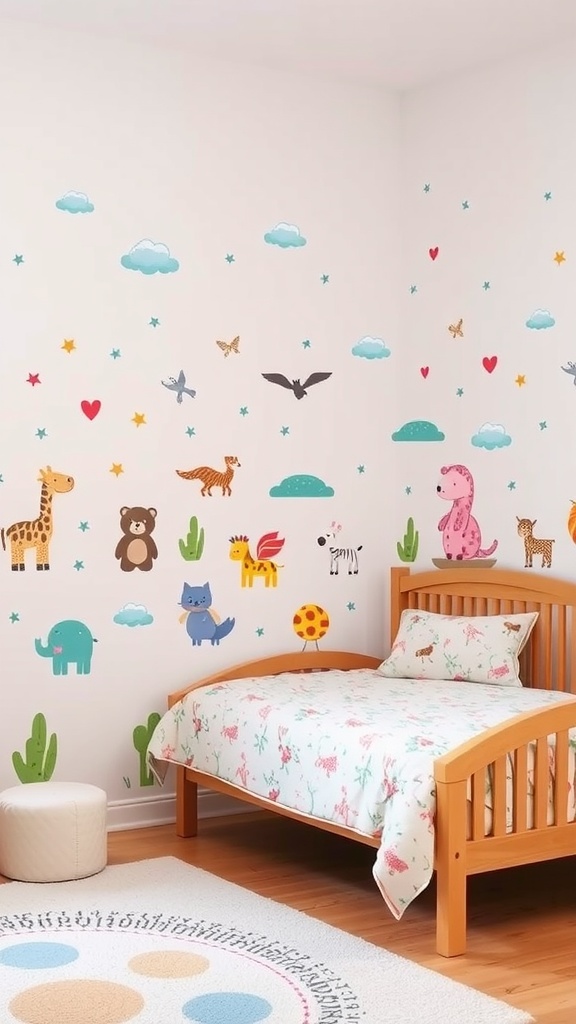 A cozy bedroom with colorful animal and nature-themed wall decals on the wall.