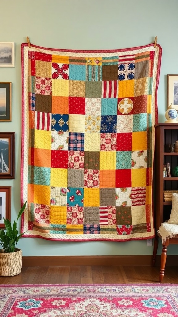 Colorful quilt displayed as wall art in a cozy room