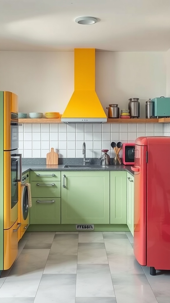 A vibrant kitchen featuring retro-style appliances in yellow and red, with green cabinets and a stylish range hood.